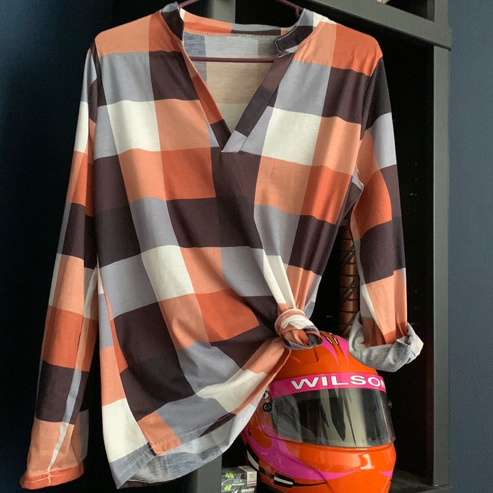 *SOLD*Beautiful Plaid Navy/Rust/White V long sleeve or half sleeve.